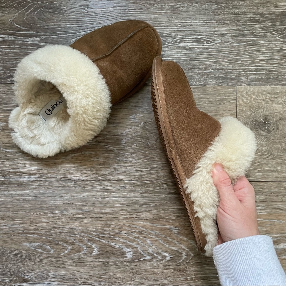 Quince Tan Shearling Slippers